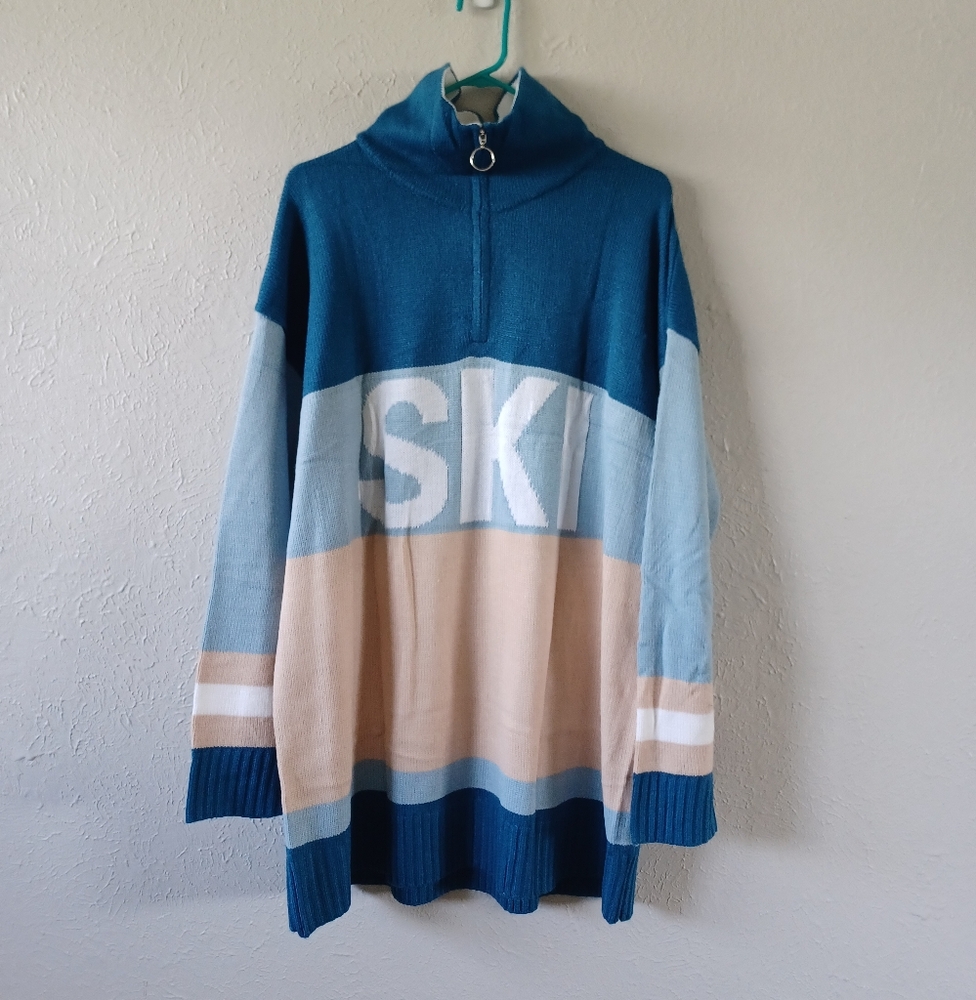 SKI Blue and Beige Quarter-Zip Sweater
